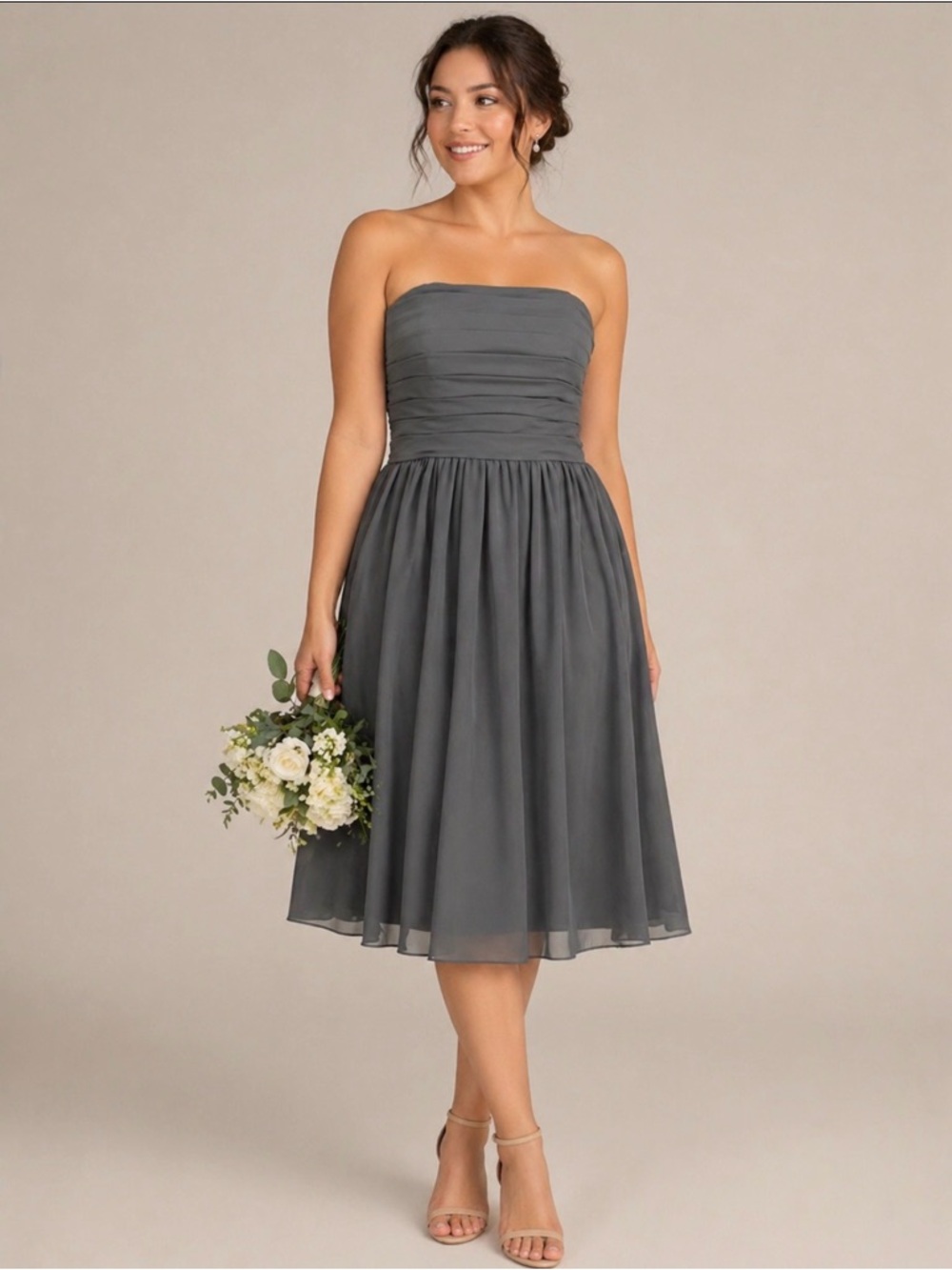 Azazie Kaia Strapless Chiffon Dress Steel Grey 14 Bridesmaid Formal Cocktail NWT